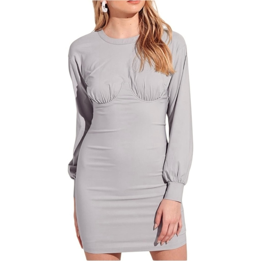 Blue Blush Dove Grey Long Sleeve Bustier Mini Stretch Dress Size S